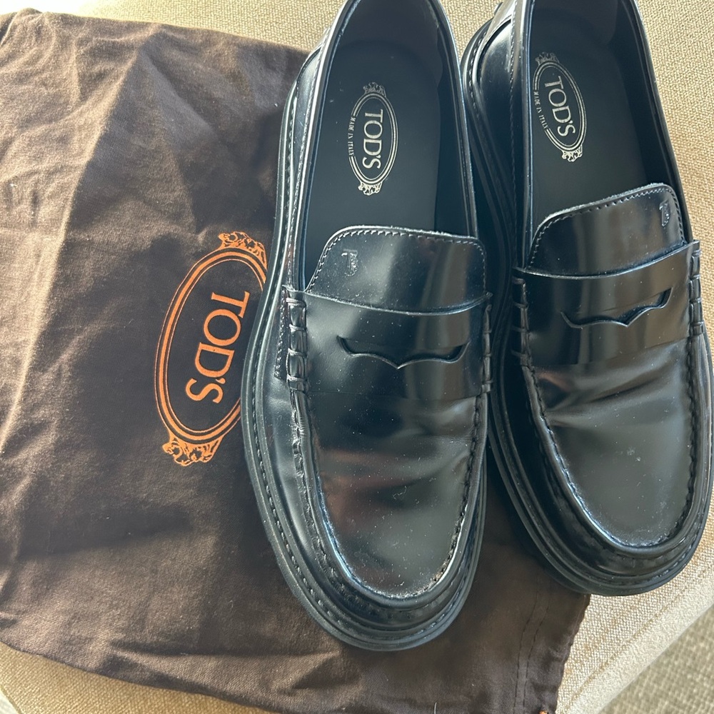 Tod's Shiny Black Leather Slip-On Loafers barely worn maybe twice